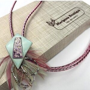 Vintage 80s Womens Bolo Tie NIB Southwest Pink Leather Cord Ceramic Feathers